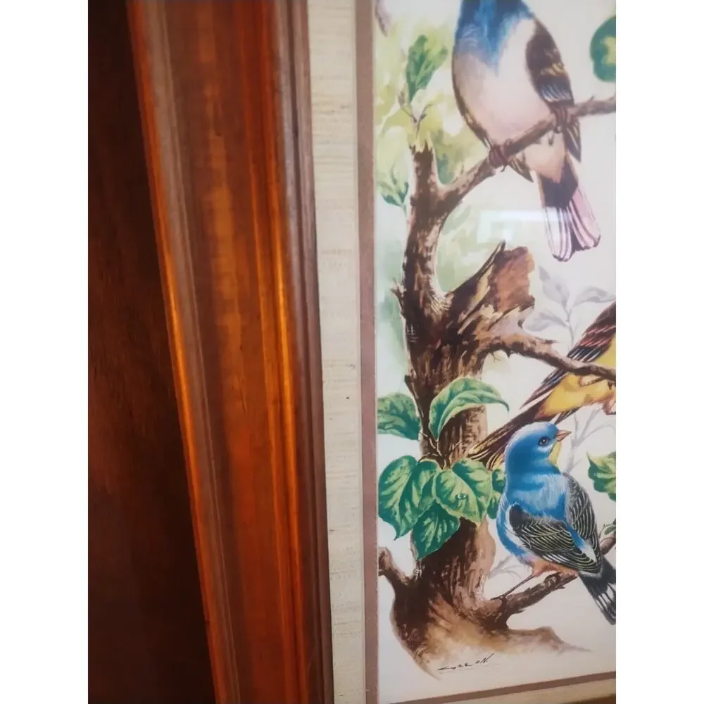 Vintage Art Framed Picture Painting Print Birds Tree Decorative Wood Frame & Mat